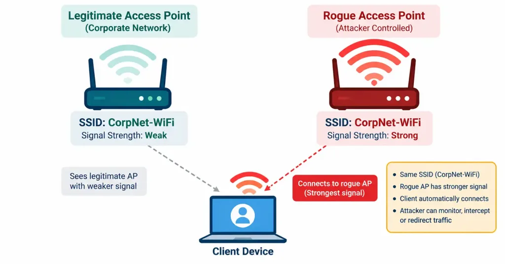 Lesson 4.2.2 — Rogue Devices, Evil Twin &Amp; Social Engineering 3 Diagram Showing A Client Connecting To A Stronger-Signal Attacker Access Point Broadcasting The Same Ssid As The Legitimate Network