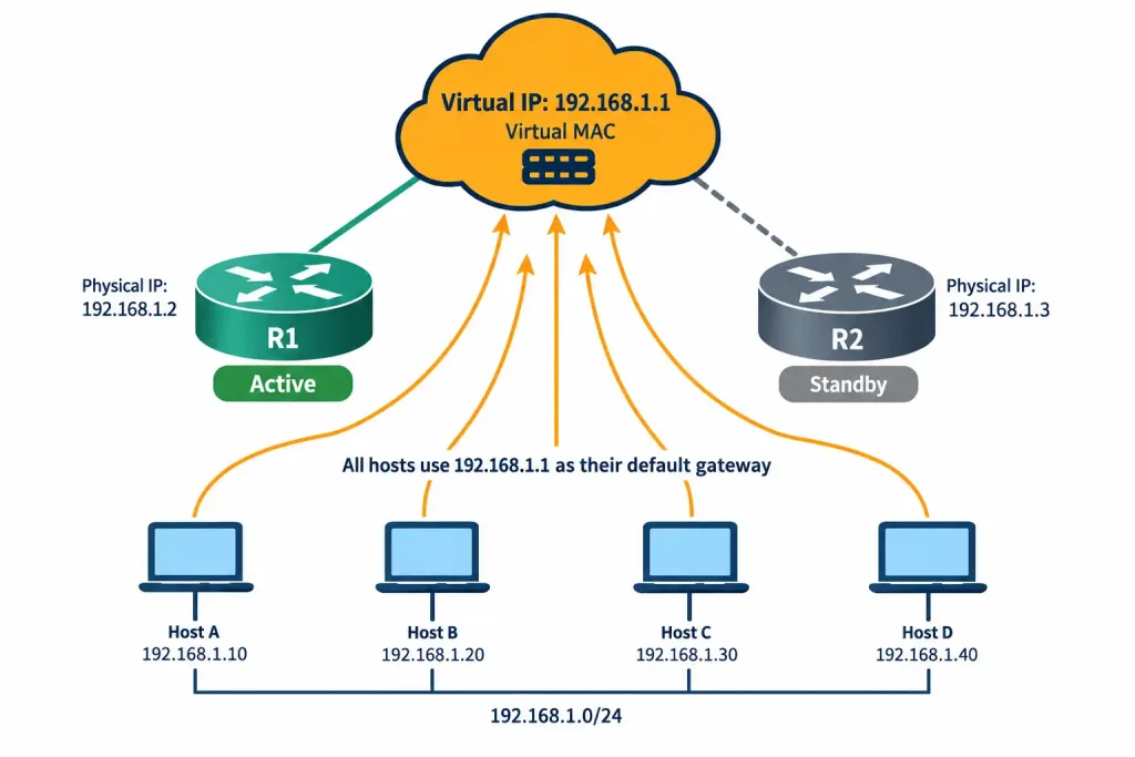 Lesson 2.1.4 — Fhrp And Virtual Ips For Gateway Redundancy 2 Diagram Showing Two Physical Routers Sharing One Virtual Ip And Virtual Mac As A Single Default Gateway For Hosts