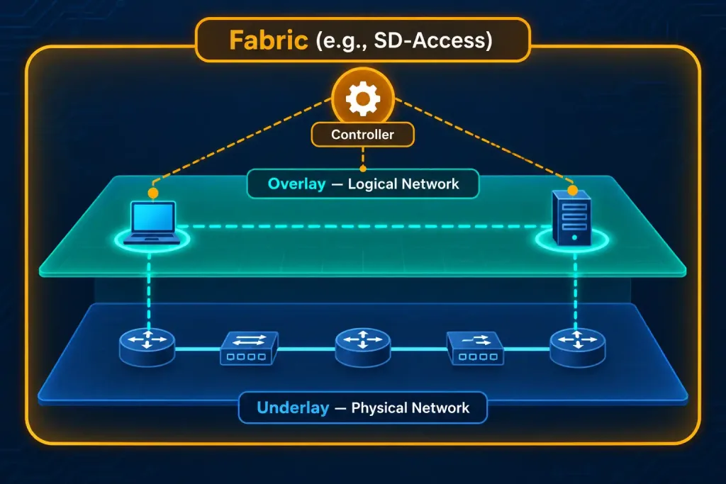 Describe Controller-Based And Software-Defined Architectures 3 Diagram Showing Overlay And Underlay Layers Enclosed Together And Managed As A Single Fabric Architecture