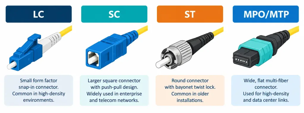 Lesson 1.5.1 — Copper And Fiber Cabling Standards 4 Diagram Comparing Lc, Sc, St, And Mpo/Mtp Fiber Connector Shapes