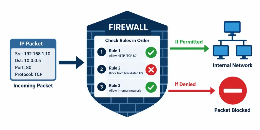Lesson 1.2.2 — Security Appliances 2 Diagram Of A Firewall Evaluating An Ordered Rule List To Permit Or Deny Traffic
