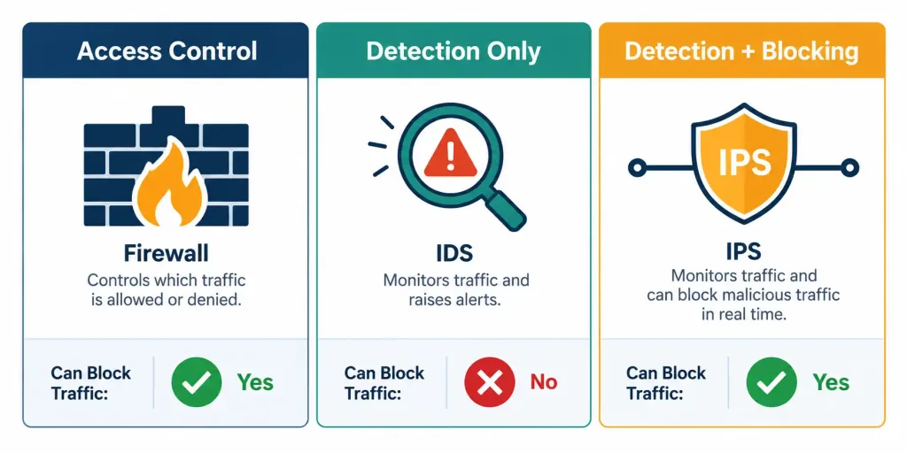 Lesson 1.2.2 — Security Appliances 5 Diagram Comparing Firewall, Ids, And Ips By Function, Deployment, And Blocking Capability