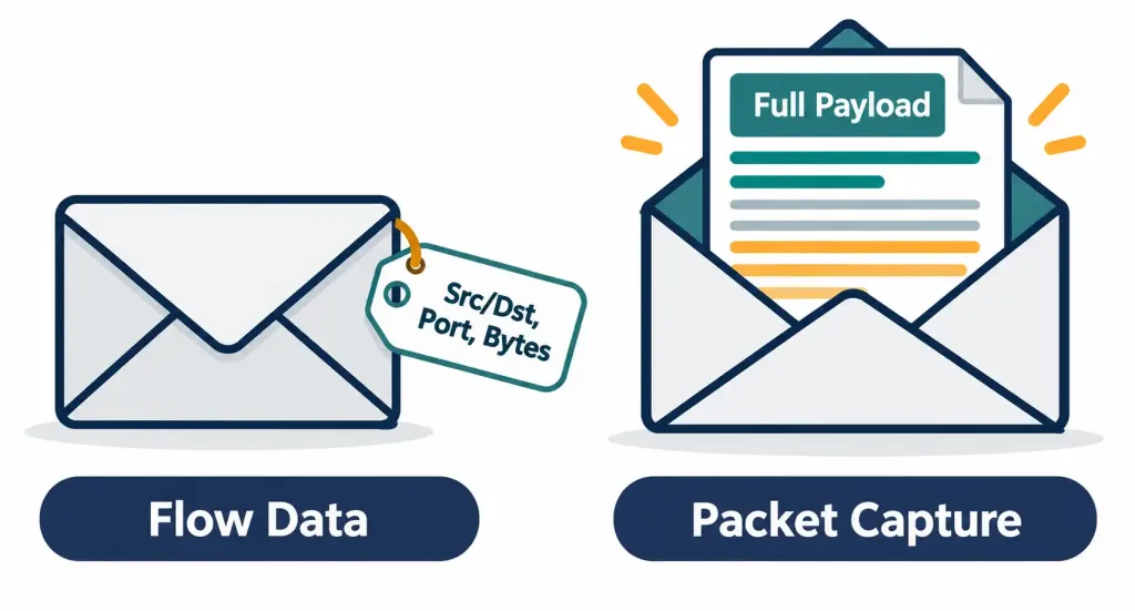 Lesson 3.2.2 — Advanced Monitoring: Flow Data, Packet Capture, Span &Amp; Network Discovery 2 Diagram Comparing Flow Data'S Metadata Summary Against Packet Capture'S Full Payload Contents