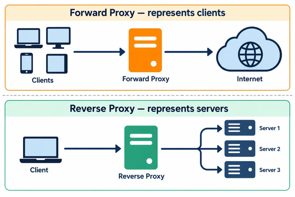 Lesson 1.2.3 — Traffic Management Appliances 3 Diagram Comparing Forward Proxy And Reverse Proxy Traffic Direction