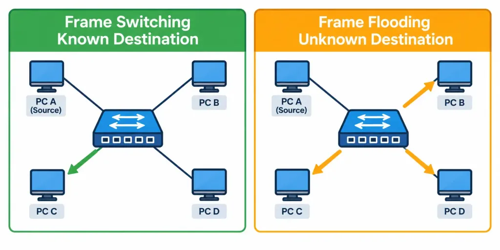 Switching Concepts: Mac Learning, Aging, Switching, And Flooding 5 Side-By-Side Comparison Showing Frame Switching Delivering To One Specific Port Versus Frame Flooding Delivering To Every Port Except The Source