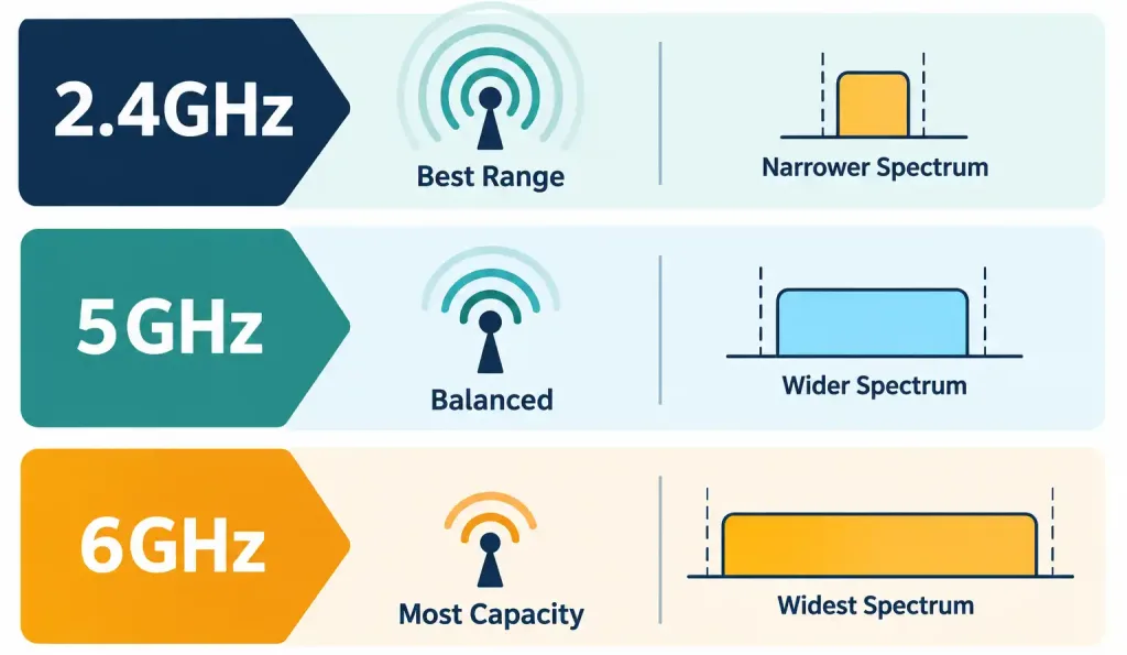 Lesson 2.3.1 — Wireless Frequency Bands, Channels &Amp; Band Steering 2 Diagram Comparing Range, Spectrum Width, And Capacity Across The 2.4Ghz, 5Ghz, And 6Ghz Wi-Fi Bands