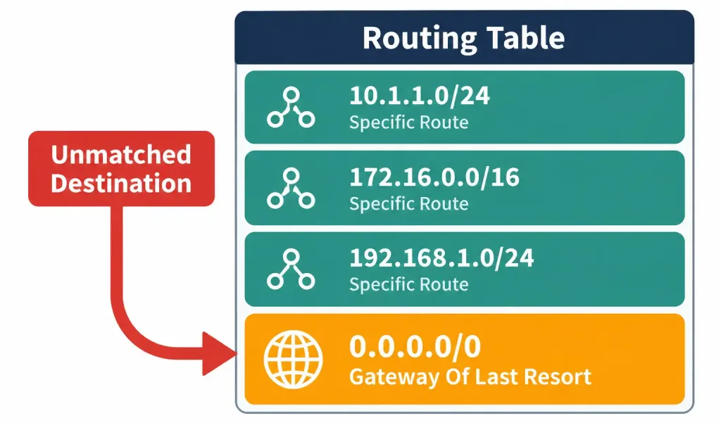 Interpreting The Components Of A Routing Table 7 Diagram Showing An Unmatched Destination Falling Through Specific Routing Table Entries To Be Caught By The Default Route