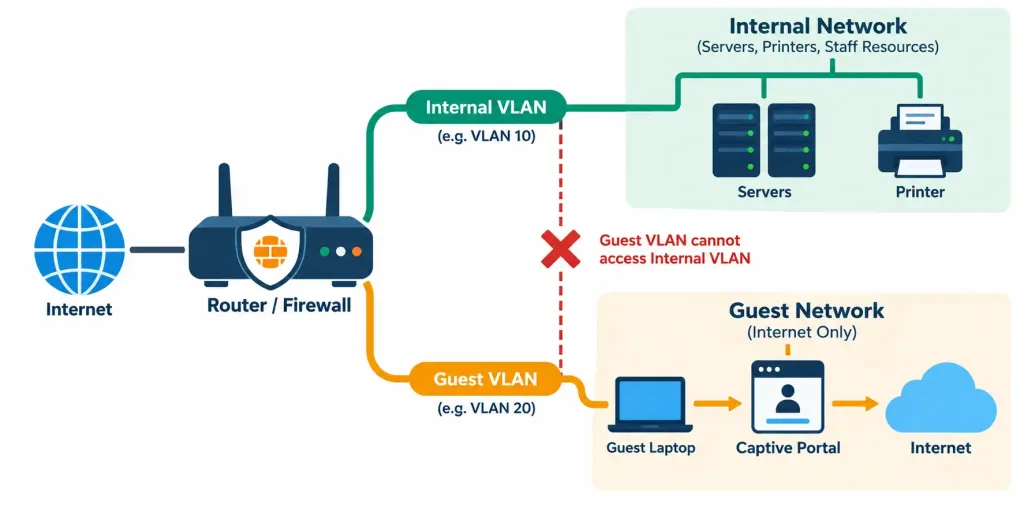 Lesson 2.3.3 — Wireless Encryption &Amp; Authentication: Wpa2/Wpa3, Psk Vs. Enterprise, Guest Networks 4 Diagram Showing Guest Vlan Traffic Routed Through A Captive Portal To The Internet Only, Blocked From Reaching The Internal Vlan