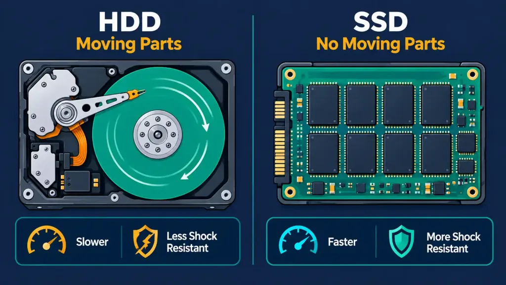 Lesson 2.3: Storage Types 4 Side-By-Side Cutaway Comparison Of An Hdd'S Spinning Platter Versus An Ssd'S Flat Nand Flash Chips
