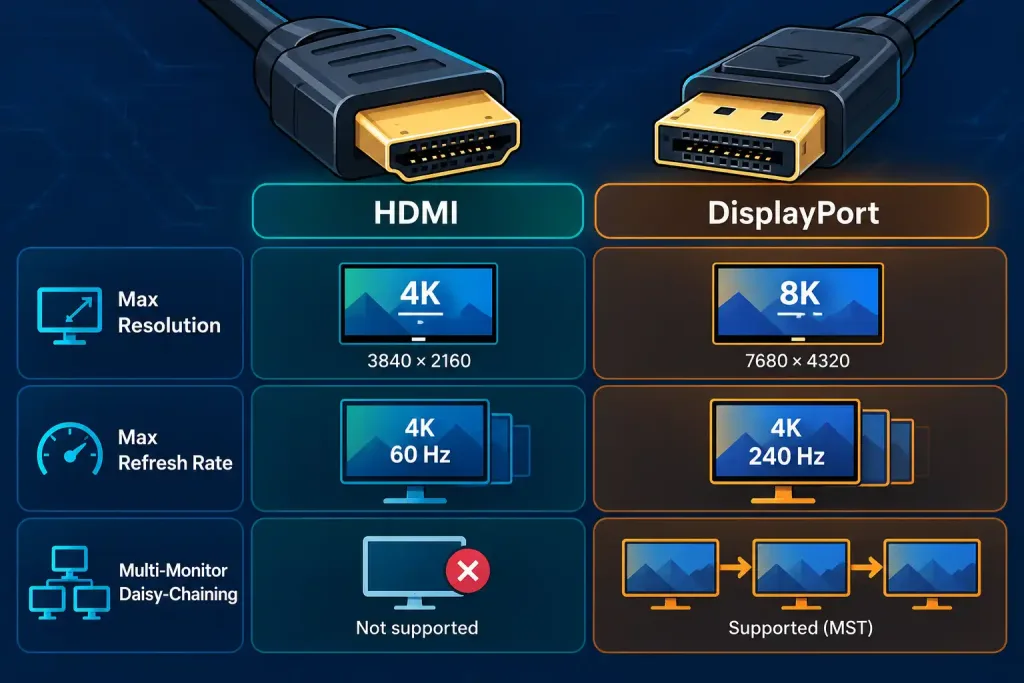 Lesson 2.5.2: Display Ports And Video Technology 3 Chart Comparing Hdmi And Displayport Resolution, Refresh Rate, And Daisy-Chaining Support