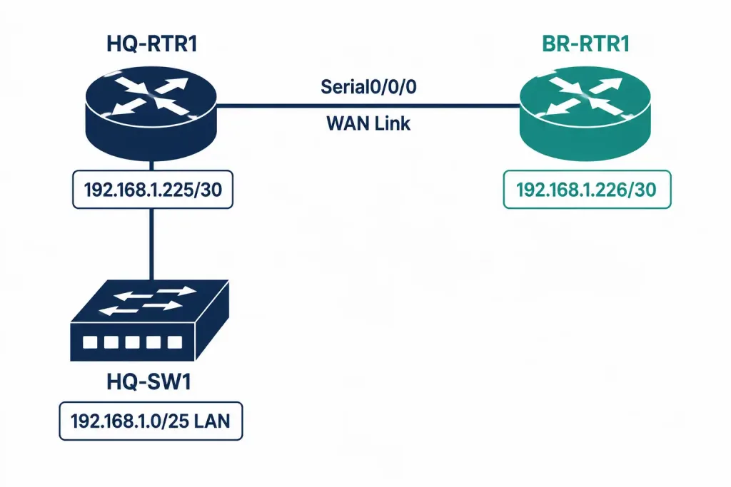 Configuring And Verifying Ipv4 Addressing And Subnetting 8 Network Topology Diagram Showing Hq-Rtr1 And Br-Rtr1 Connected Over A Point-To-Point Wan Link With Their Assigned Ip Addresses