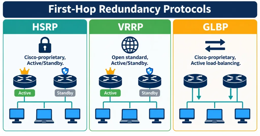 Describe The Purpose Of First-Hop Redundancy Protocols (Hsrp) 5 Comparison Chart Of Hsrp, Vrrp, And Glbp First-Hop Redundancy Protocols