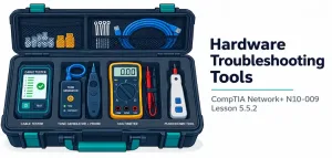 Lesson 5.5.2 — Hardware Troubleshooting Tools 5 Illustration Of An Open Technician'S Tool Case With A Cable Tester, Probe, Meter, And Punchdown Tool Neatly Organized