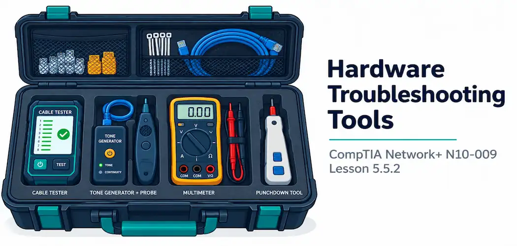 Lesson 5.5.2 — Hardware Troubleshooting Tools 1 Illustration Of An Open Technician'S Tool Case With A Cable Tester, Probe, Meter, And Punchdown Tool Neatly Organized