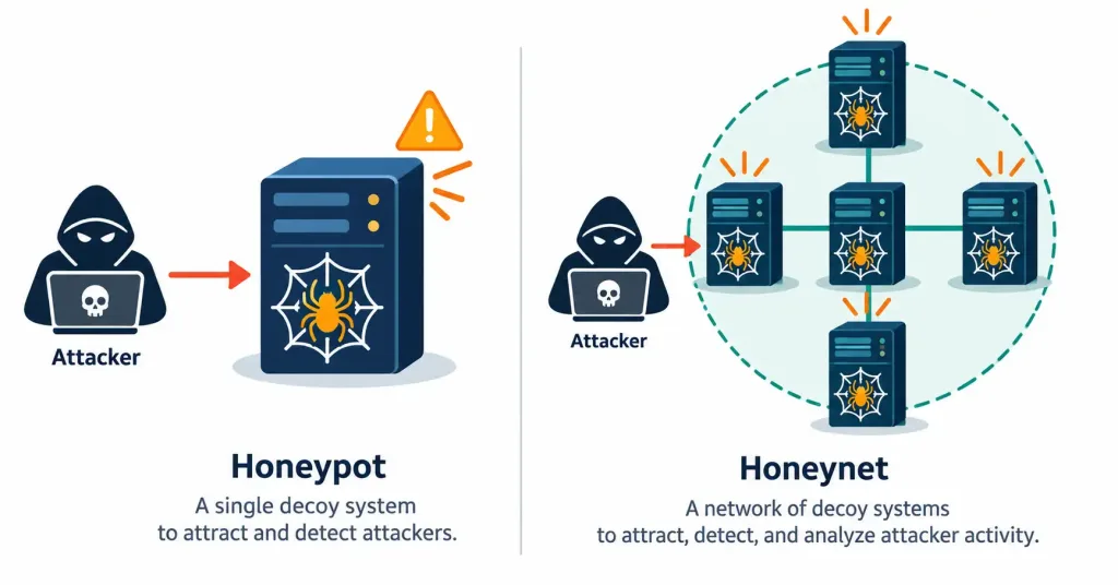 Lesson 4.1.4 — Physical Security, Deception Technology &Amp; Segmentation Enforcement 2 Diagram Comparing A Single Decoy Honeypot System Against A Larger Honeynet Of Multiple Connected Decoy Systems