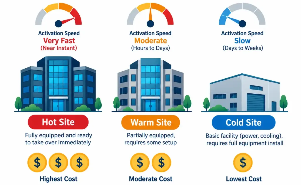 Lesson 3.3.1 — Disaster Recovery Concepts: Rpo, Rto, Mttr, Mtbf &Amp; Dr Sites 4 Diagram Comparing Hot, Warm, And Cold Dr Sites By Activation Speed And Cost