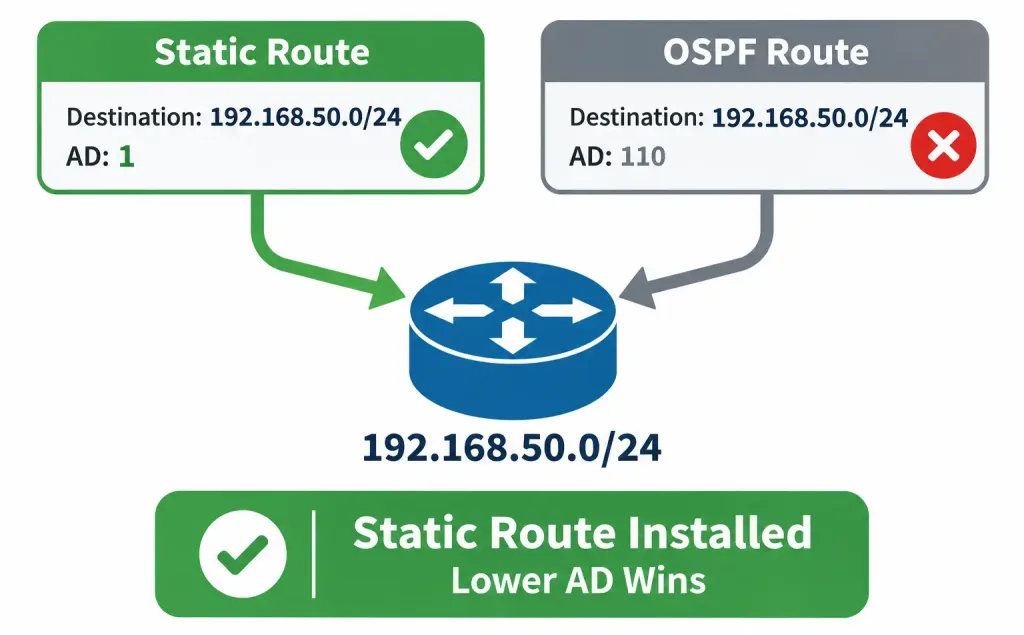 Interpreting The Components Of A Routing Table 5 Diagram Showing A Static Route With Ad 1 Winning Over An Ospf Route With Ad 110 For The Same Destination Network