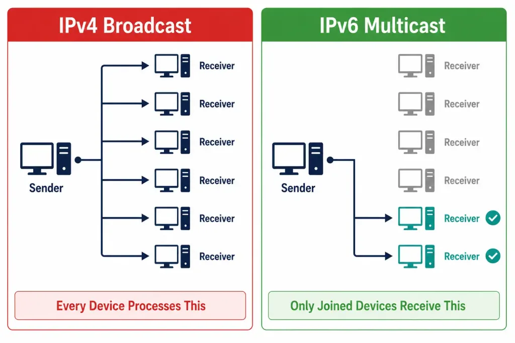 Comparing Ipv6 Address Types: Unicast, Anycast, And Multicast 6 Side-By-Side Comparison Showing Ipv4 Broadcast Reaching Every Device Versus Ipv6 Multicast Reaching Only Group Members