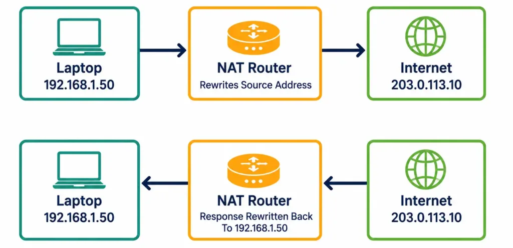 Private Ipv4 Addressing: Why Rfc 1918 Exists And How It Actually Works 3 Diagram Showing Nat Rewriting A Private Source Address To A Public One On The Way Out, And Reversing The Translation On The Way Back