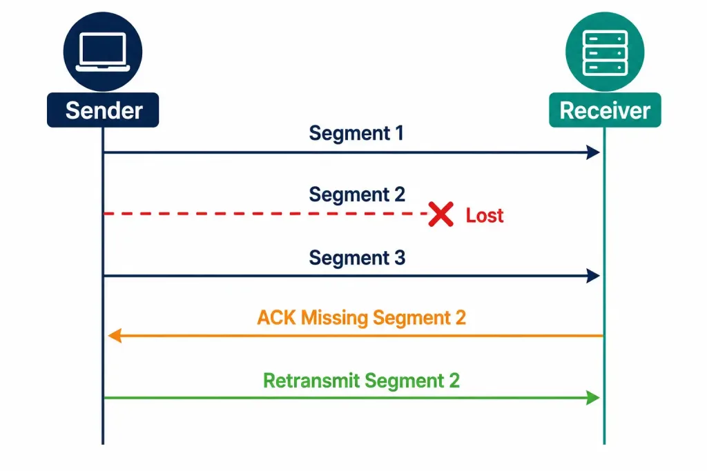 Tcp Vs Udp: The Reliability-Speed Trade-Off Every Application Makes 4 Sequence Diagram Showing Tcp Detecting A Lost Segment Through A Missing Acknowledgment And Retransmitting It