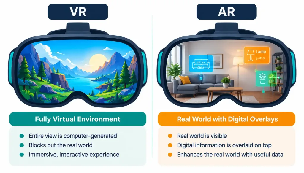 Lesson 2.1 — Common Computing Devices And Their Purposes 4 Diagram Comparing A Vr Headset'S Fully Replaced View Against An Ar Device'S Overlay On The Real World