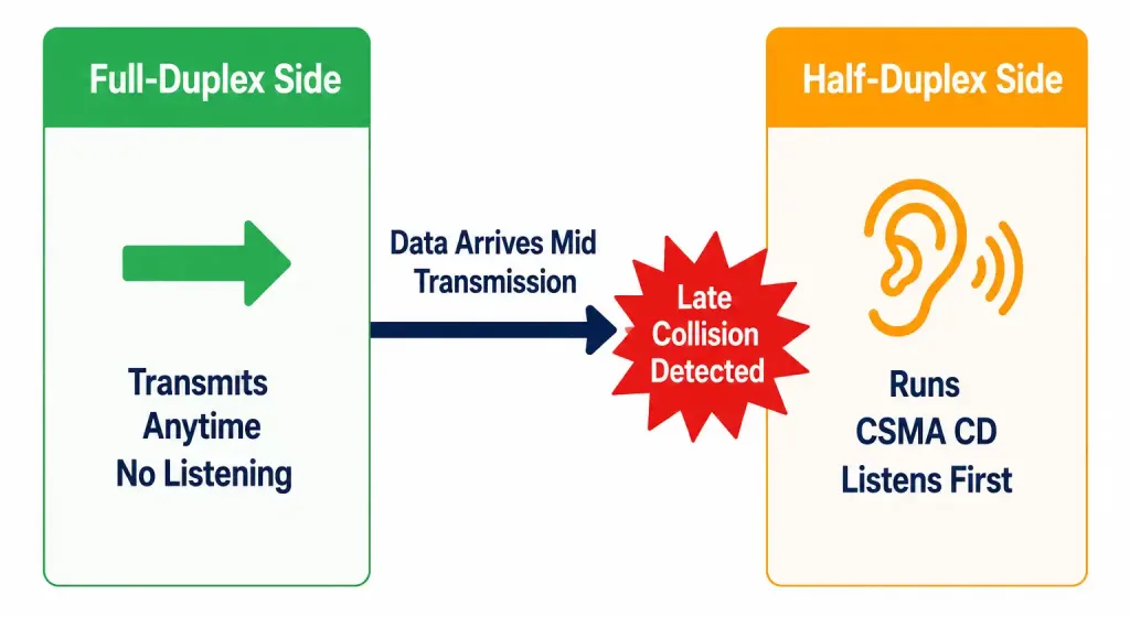 Identifying Interface And Cable Issues: Collisions, Errors, And Mismatches 3 How A Duplex Mismatch Produces Late Collisions E1788282315877 Identifying Interface And Cable Issues: Collisions, Errors, And Mismatches