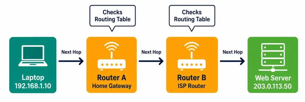 Network Components: Routers, Switches, Security Appliances, And More 2 Diagram Showing A Packet Traveling From A Laptop Through Two Routers To A Web Server, With Each Router Independently Checking Its Routing Table