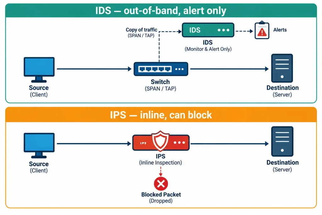 Lesson 1.2.2 — Security Appliances 4 Diagram Comparing Out-Of-Band Ids Monitoring To Inline Ips Blocking
