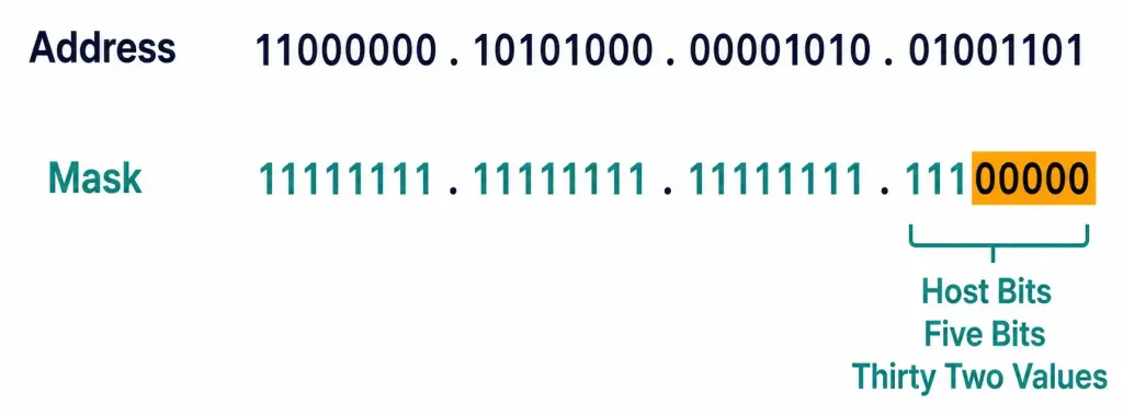 Configuring And Verifying Ipv4 Addressing And Subnetting 2 Diagram Showing An Ip Address And Subnet Mask Aligned In Binary, With The Host Bits Highlighted