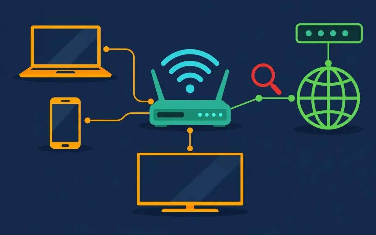 Ip Chicken: What Is My Ip Address, And How Do You Check It? 1 Flat Illustration Of A Home Router Connecting Multiple Devices To The Internet, Representing How A Public Ip Address Works