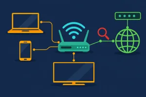 Ip Chicken: What Is My Ip Address, And How Do You Check It? 2 Flat Illustration Of A Home Router Connecting Multiple Devices To The Internet, Representing How A Public Ip Address Works