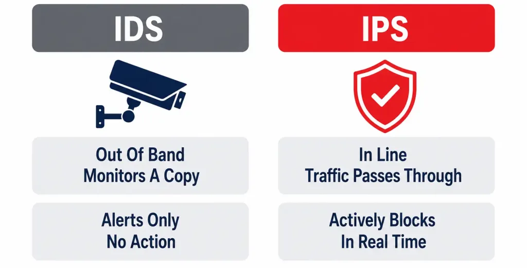 Network Components: Routers, Switches, Security Appliances, And More 4 Comparison Of Ids And Ips, Showing Ids As Out-Of-Band And Alert-Only Versus Ips As In-Line And Actively Blocking