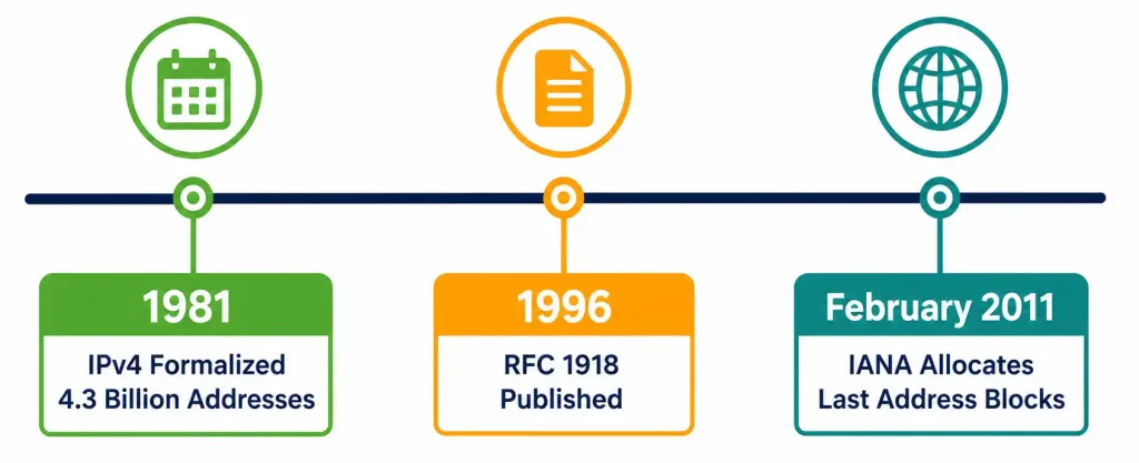 Private Ipv4 Addressing: Why Rfc 1918 Exists And How It Actually Works 6 Timeline Showing Key Milestones In Ipv4 Address Exhaustion, From 1981 Formalization To 2011 Iana Allocation Exhaustion