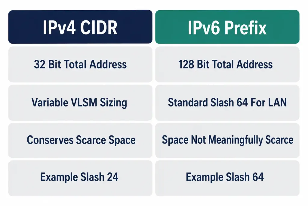 Configuring And Verifying Ipv6 Addressing And Prefix 5 Comparison Of Ipv4 Cidr Notation And Ipv6 Prefix Notation Across Address Size, Subnet Sizing Philosophy, And Typical Examples