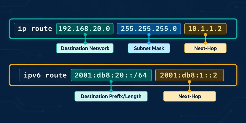 Configure And Verify Ipv4 And Ipv6 Static Routing 2 Side-By-Side Breakdown Of Ipv4 And Ipv6 Static Route Command Syntax With Each Field Labeled