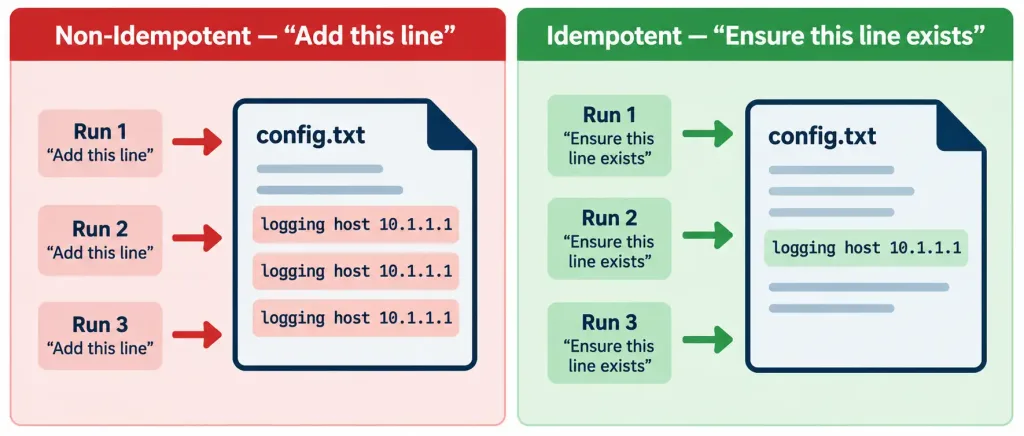 Explain How Automation Impacts Network Management 5 Comparison Showing A Non-Idempotent Script Duplicating A Line After Repeated Runs Versus An Idempotent Script Maintaining A Single Instance