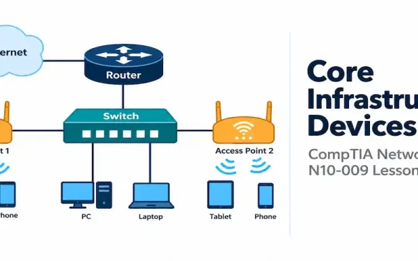 Illustration Of A Router, Switch, And Access Points Alongside The Network+ N10-009 Lesson 1.2.1 Title Card