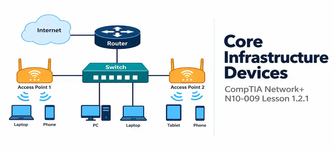 Lesson 1.2.1 — Core Infrastructure Devices 1 Illustration Of A Router, Switch, And Access Points Alongside The Network+ N10-009 Lesson 1.2.1 Title Card