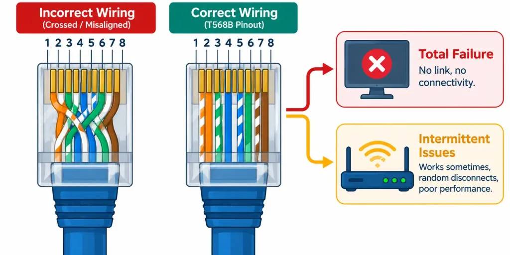 Lesson 5.2.1 — Cabling Issues &Amp; Signal Problems 3 Diagram Showing An Incorrectly Wired Connector Against The Correct Pinout, Branching Into Total Failure Or Intermittent Issue Outcomes