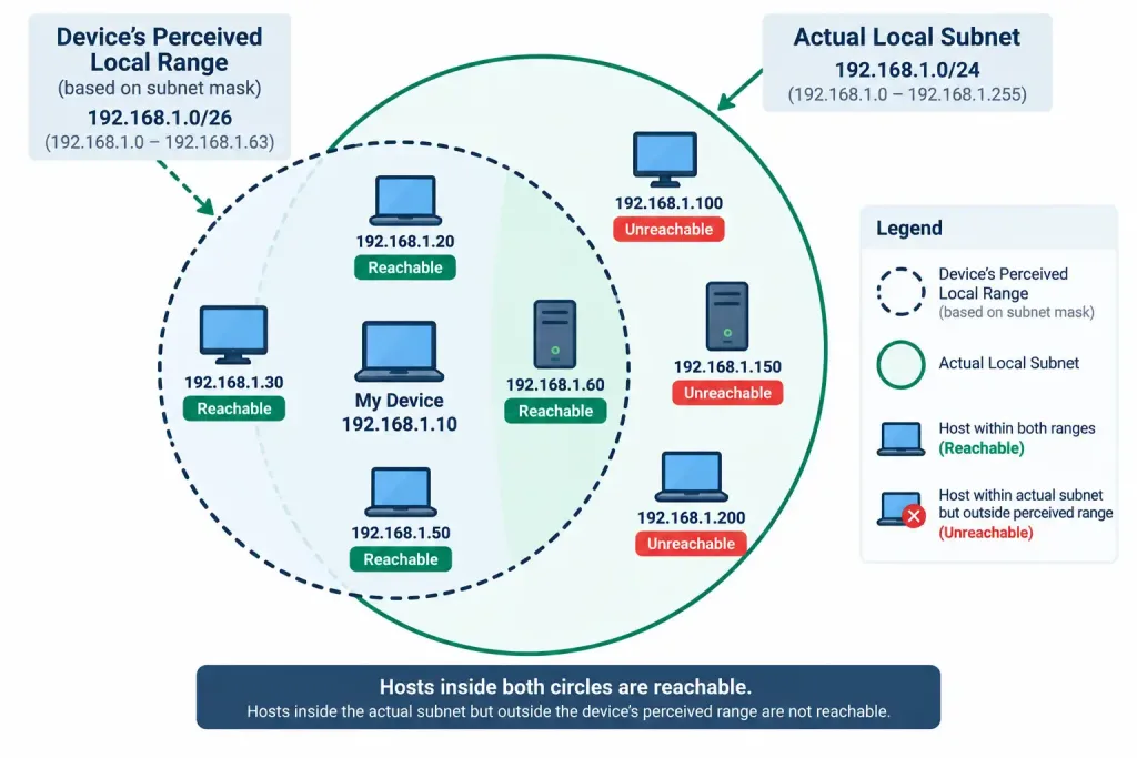 Lesson 5.3.2 — Troubleshooting Dhcp, Ip Addressing &Amp; Subnet Issues 4 Diagram Showing A Device'S Perceived Local Range Based On Subnet Mask Only Partially Overlapping The Actual Local Subnet
