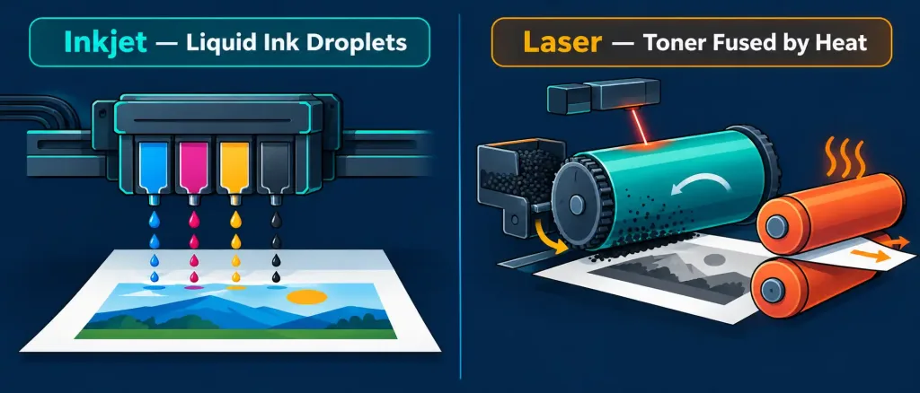 Lesson 2.4: Installing And Configuring Peripheral Devices 6 Diagram Comparing An Inkjet Printer Spraying Ink Droplets To A Laser Printer Fusing Toner With Heat