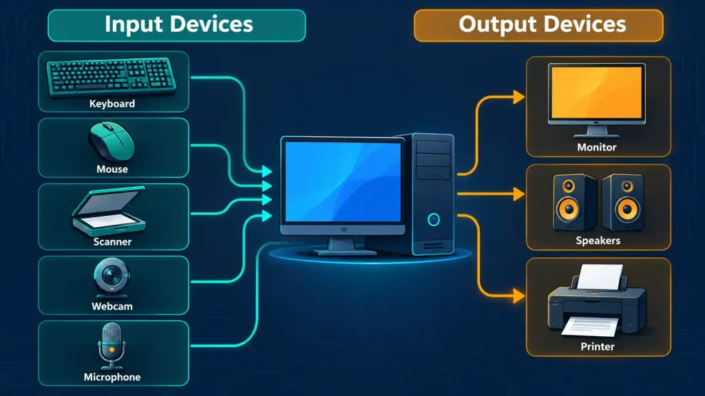 Lesson 2.4: Installing And Configuring Peripheral Devices 2 Peripheral Devices: Diagram Showing Input Devices Sending Data Into A Computer And Output Devices Sending Data Out