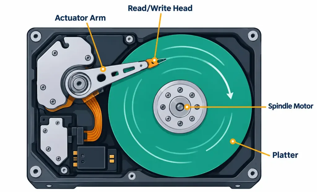 Lesson 2.3: Storage Types 3 Labeled Cutaway Diagram Of An Hdd Showing The Spinning Platter, Read/Write Head, And Actuator Arm
