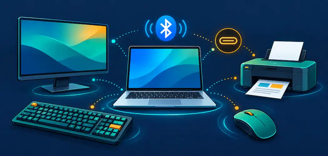 Lesson 2.4: Installing And Configuring Peripheral Devices 1 Illustration Of A Keyboard, Mouse, Monitor, And Printer Arranged Around A Laptop With Bluetooth And Usb Icons