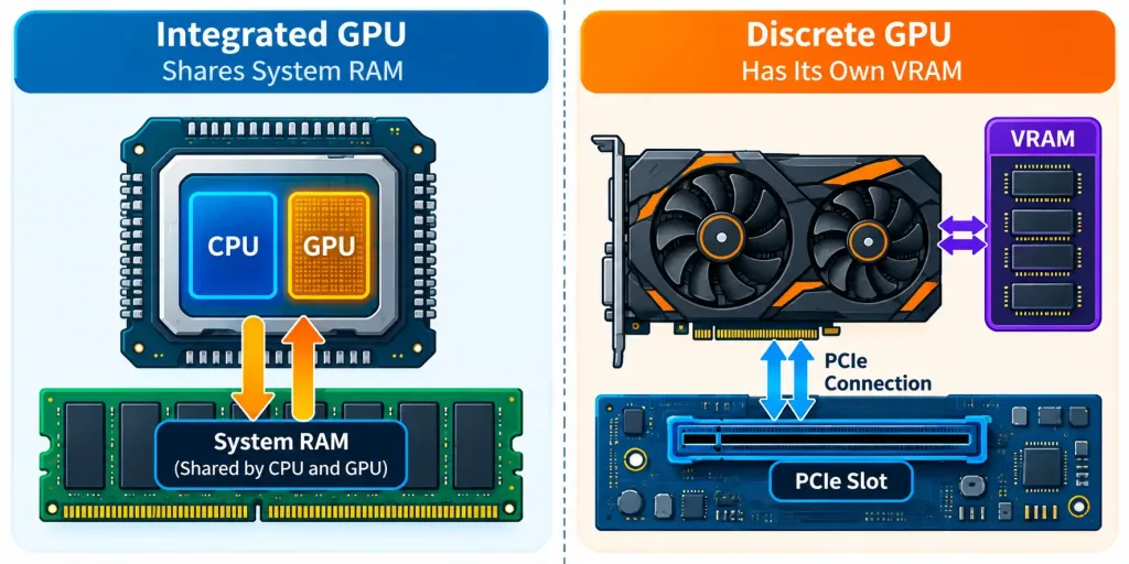 Lesson 2.2: Internal Computing Components 5 Comparison Diagram Of Integrated Graphics Sharing System Ram Versus Discrete Graphics With Dedicated Vram