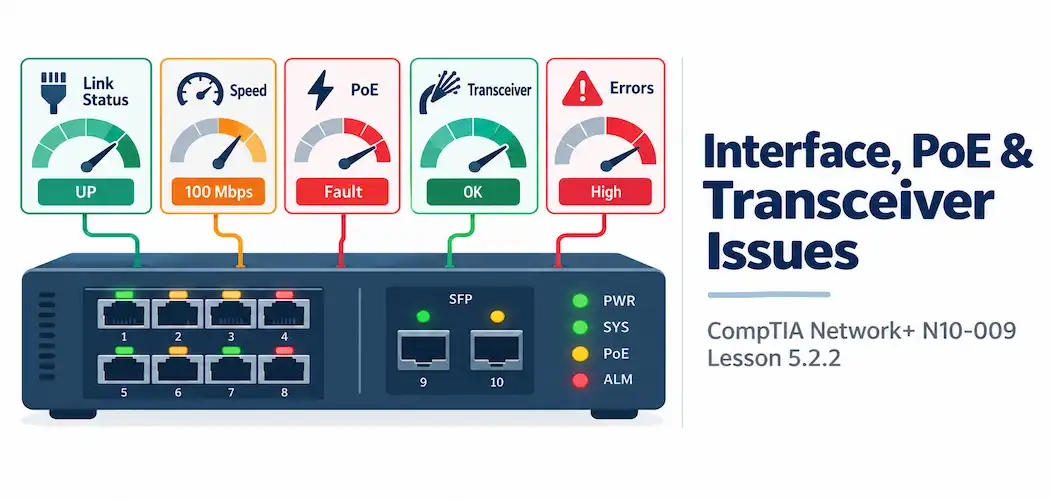 Lesson 5.2.2 — Interface, Poe &Amp; Transceiver Issues 1 Illustration Of A Control Panel With Gauges And Status Lights Representing Interface, Power, And Fiber Signal Health