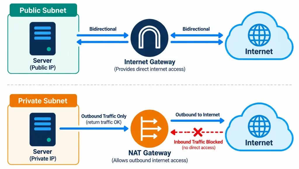 Lesson 1.3.2 — Cloud Connectivity Options 3 Diagram Comparing Bidirectional Internet Gateway Traffic To Outbound-Only Nat Gateway Traffic
