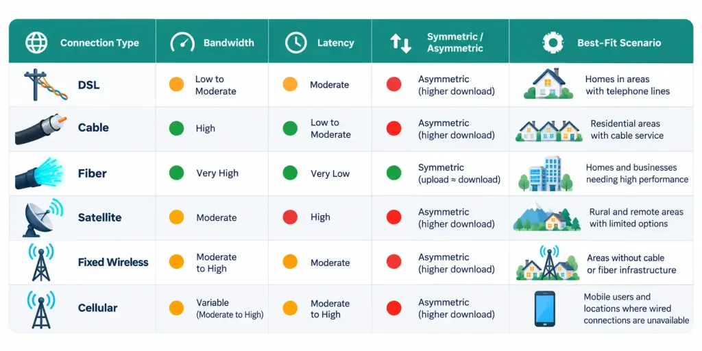 Lesson 2.7: Internet Service Types 5 Comparison Chart Of Dsl, Cable, Fiber, Satellite, Fixed Wireless, And Cellular Internet Across Bandwidth, Latency, And Best-Fit Use Case