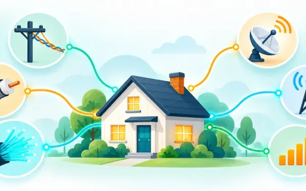 Illustration Of A House Connected To Multiple Internet Service Types Including Dsl, Cable, Fiber, Satellite, Fixed Wireless, And Cellular