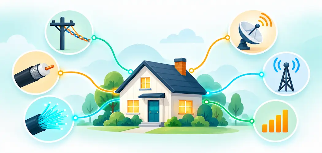 Lesson 2.7: Internet Service Types 1 Illustration Of A House Connected To Multiple Internet Service Types Including Dsl, Cable, Fiber, Satellite, Fixed Wireless, And Cellular